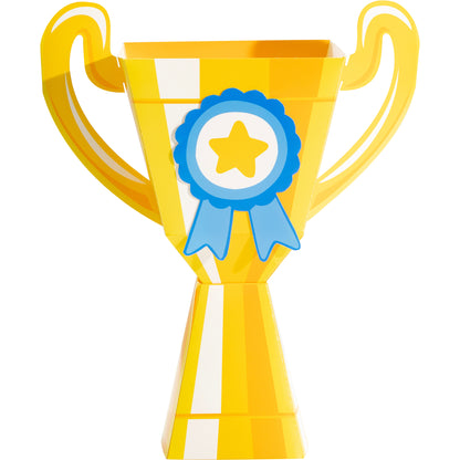 Yellow trophy centerpiece with a blue ribbon featuring a star on a white background