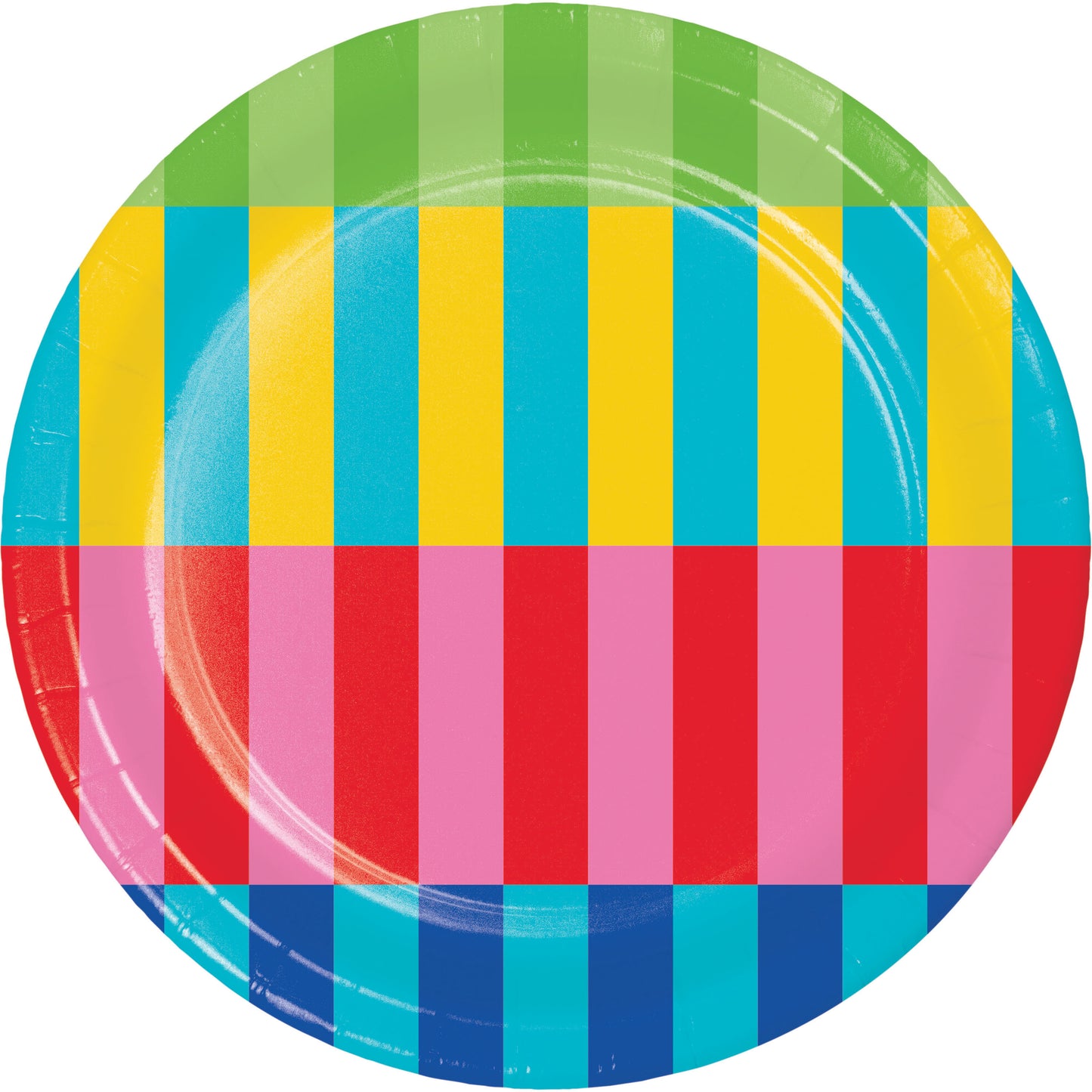 Colorful striped paper plate with green, blue, yellow, red, and pink pattern on a white background