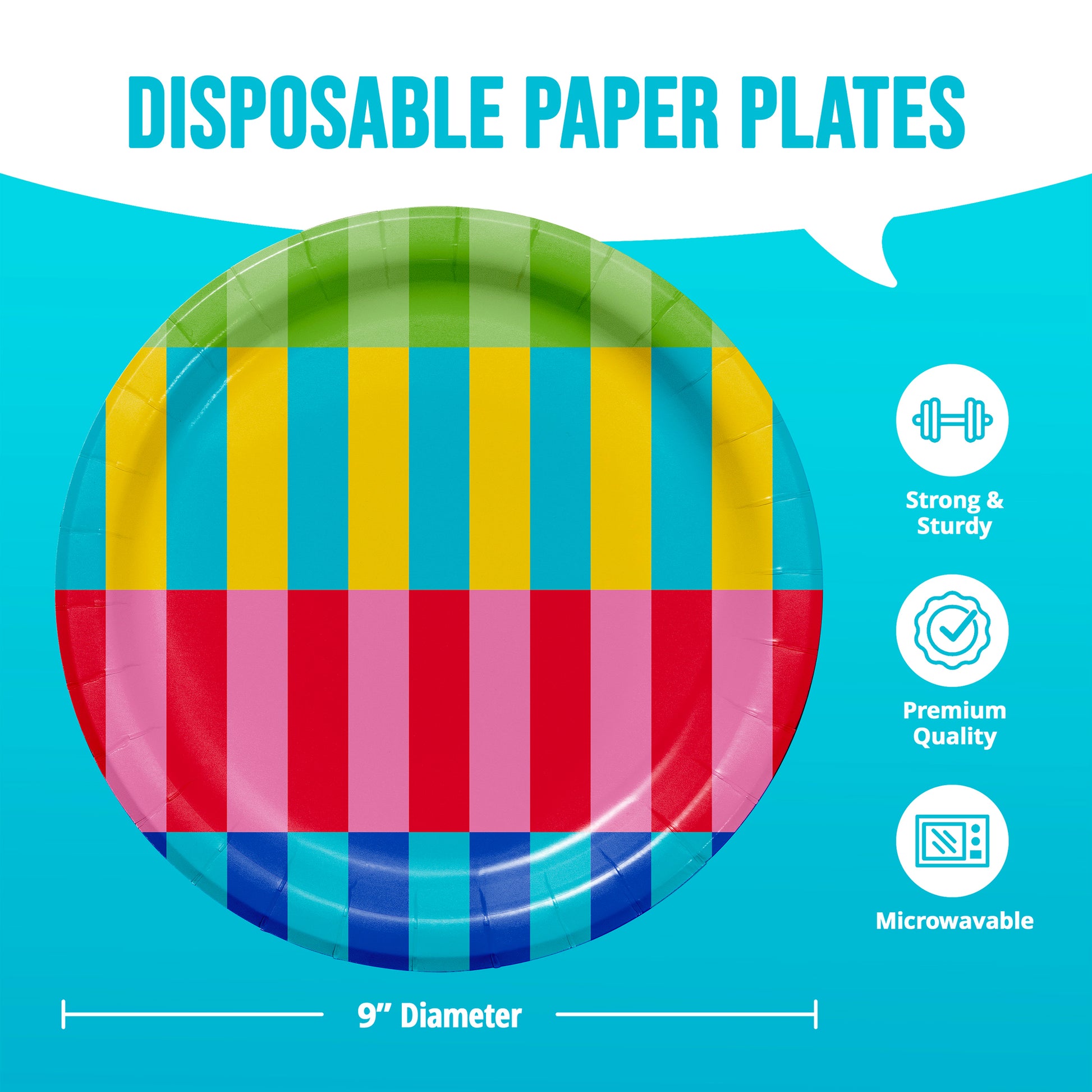 Colorful striped disposable paper plate with product features and dimensions on a blue background