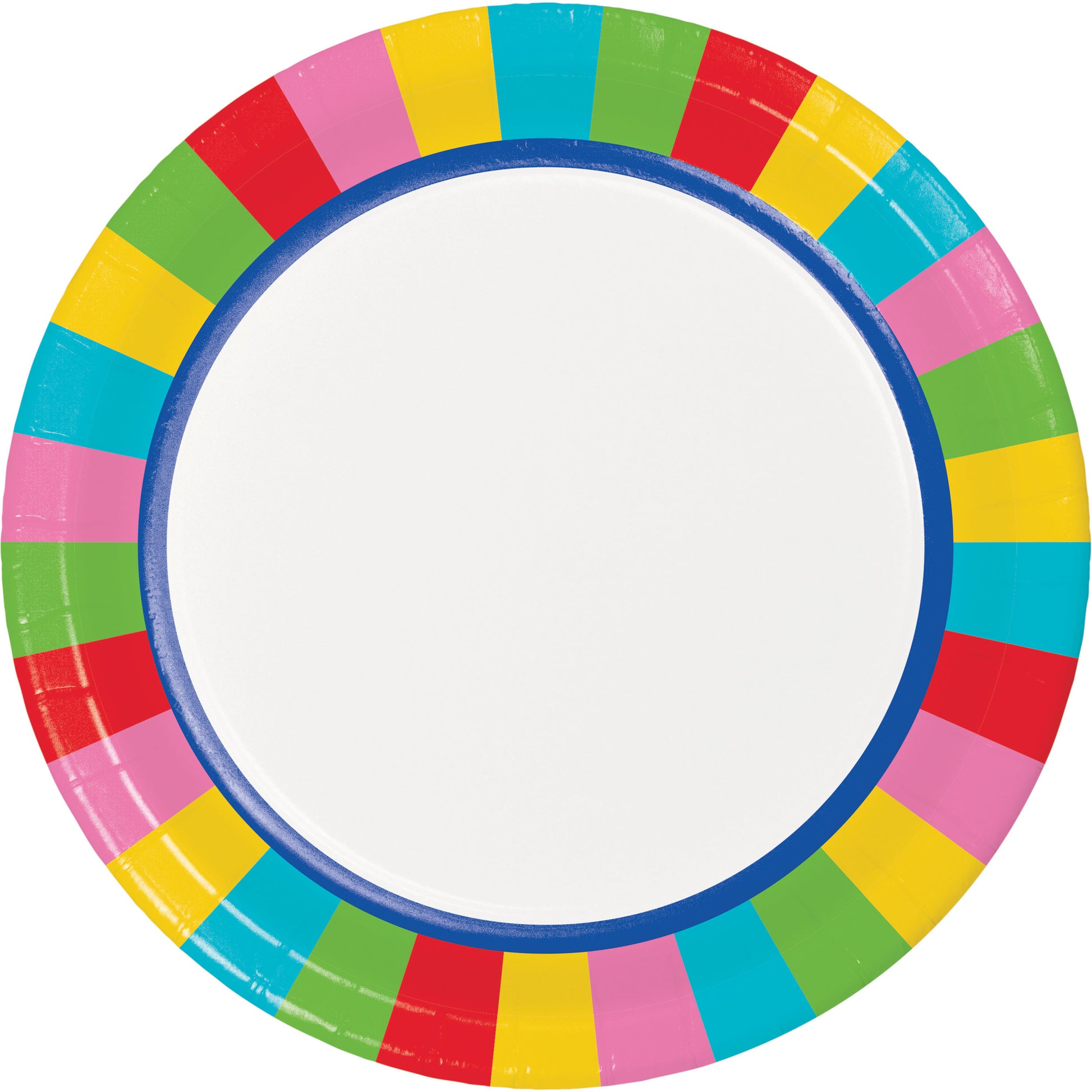 Colorful paper plate with a blue rim on a white background
