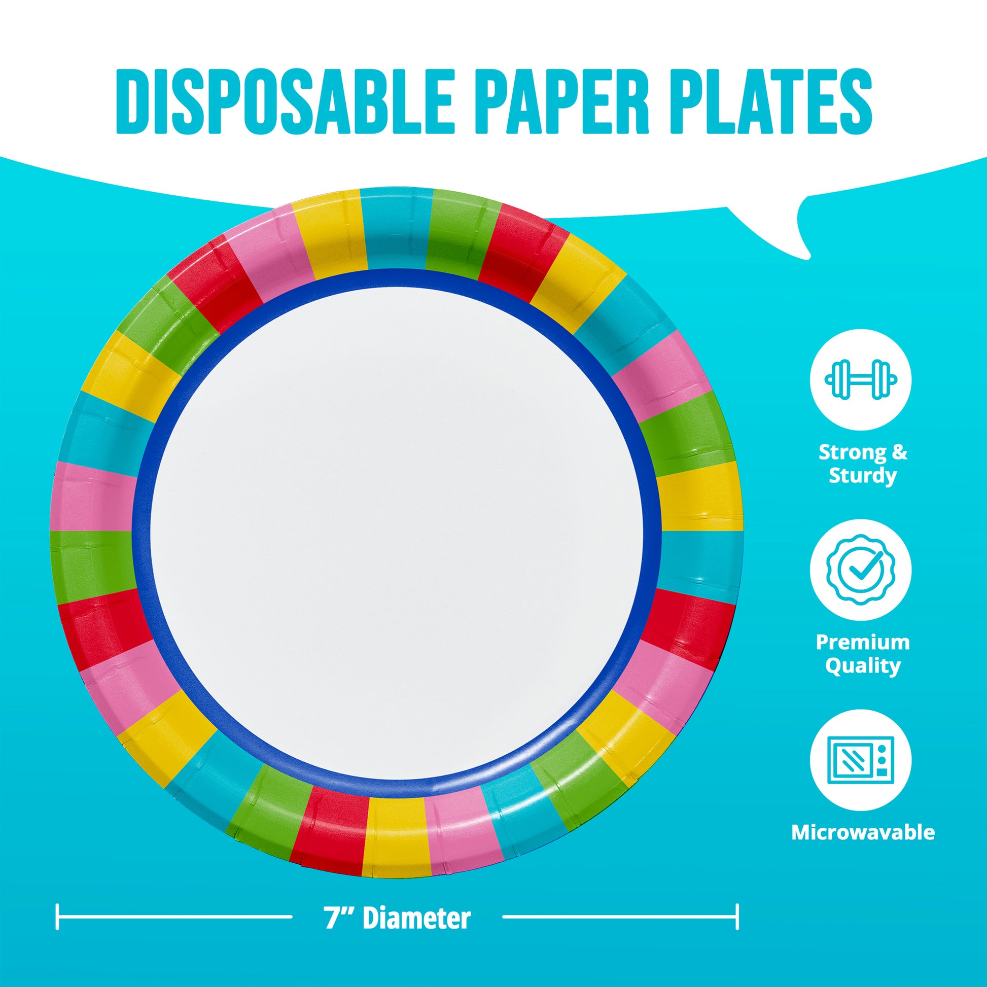 Colorful disposable paper plates with product features and dimensions on a blue background