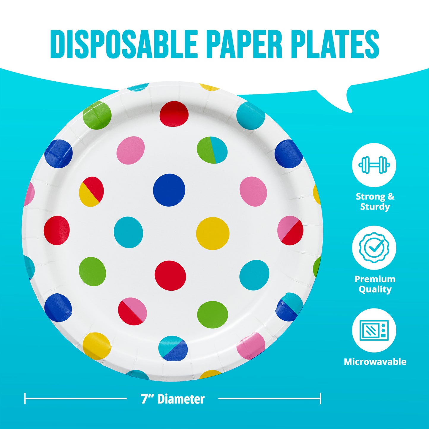 Colorful polka dot paper plate with product features and dimensions on a blue background