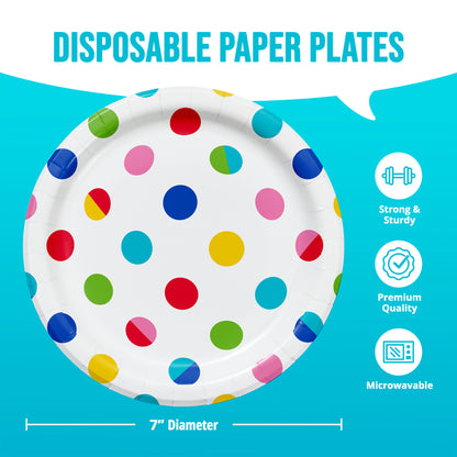 Colorful polka dot paper plate with product features and dimensions on a blue background