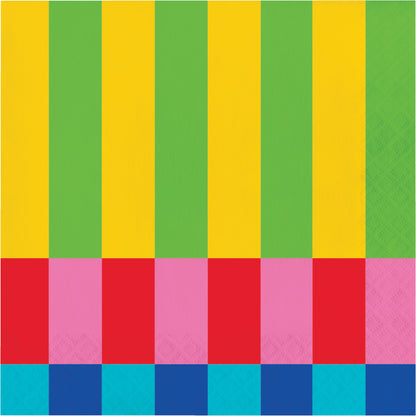 Colorful striped napkin with vertical green and yellow stripes, horizontal red and pink stripes, and diagonal blue and turquoise stripes.