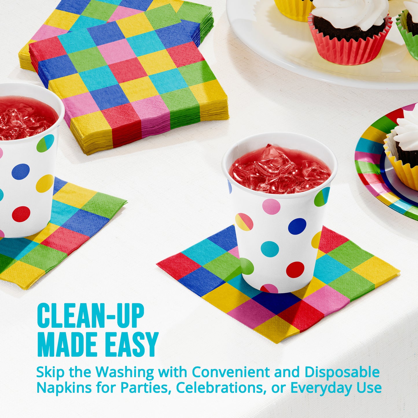 Colorful napkins, cups, and plates on a table with text 'Clean-up Made Easy'.