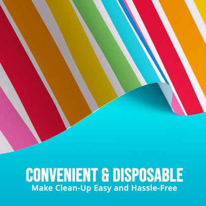 Colorful striped paper tablecloth with a blue background and text about convenience and disposability.