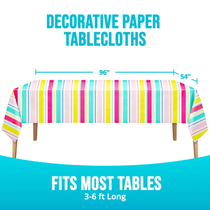 Colorful striped paper tablecloth on a table with dimensions displayed.