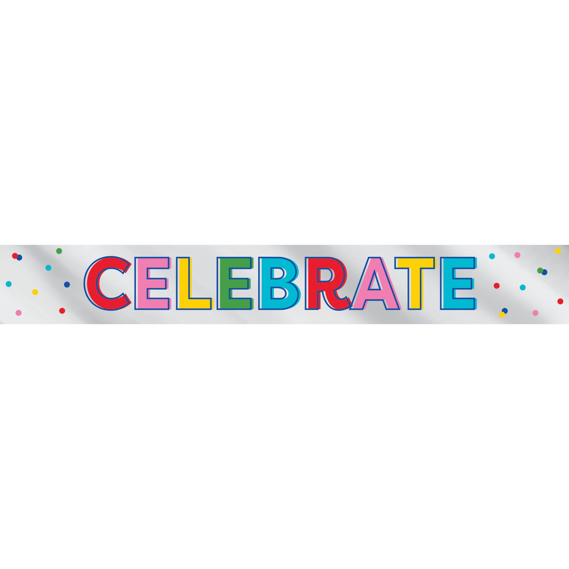 Colorful 'CELEBRATE' banner with confetti on a white background