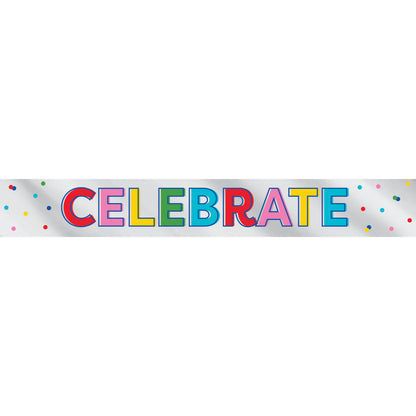 Colorful 'CELEBRATE' banner with confetti on a white background