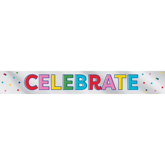 Colorful 'CELEBRATE' banner with confetti on a white background