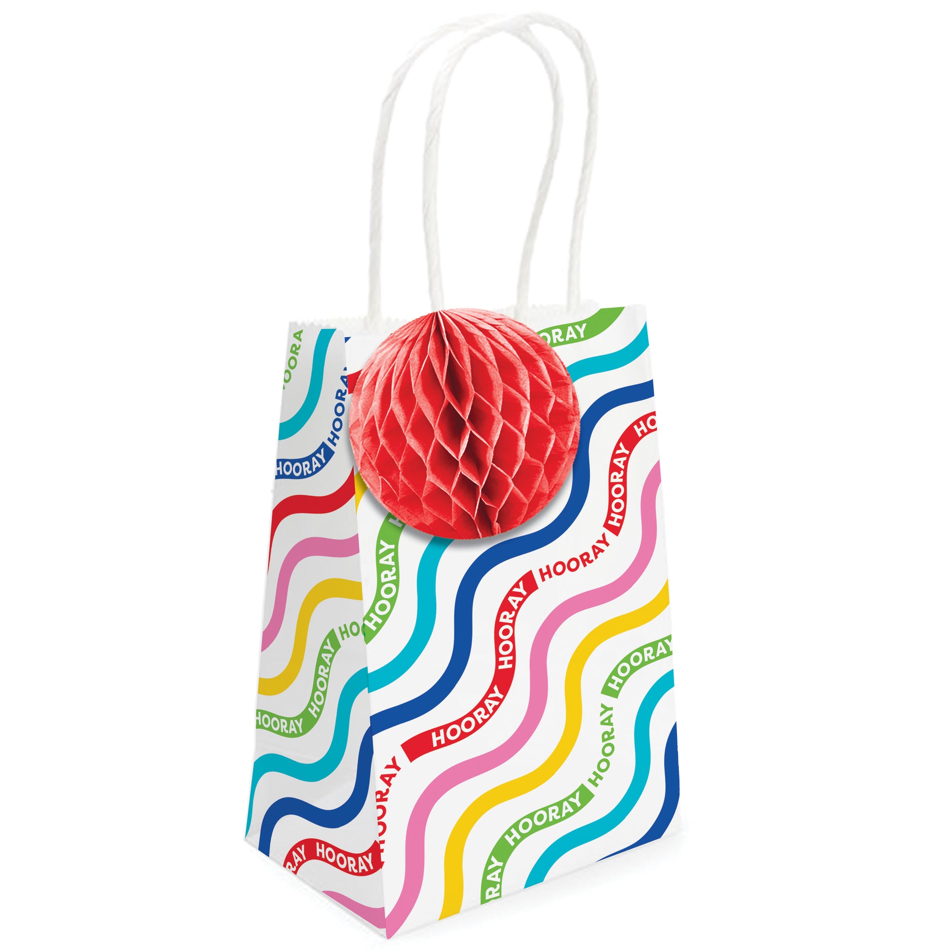 Colorful gift bag with 'Hooray' text and a red honeycomb ball on a white background