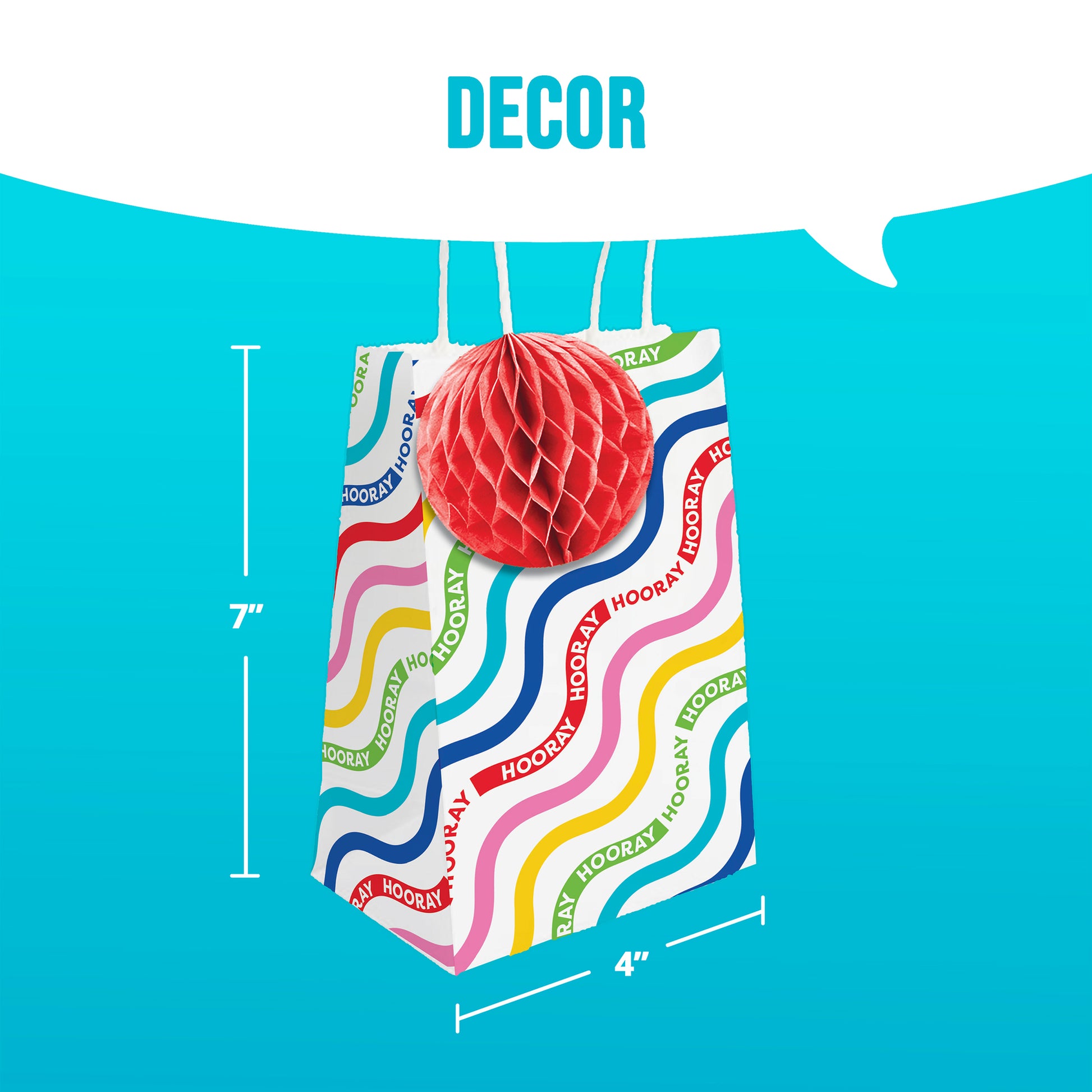 Decorative bag with colorful text and a red honeycomb ball on a blue background. Measurements included.