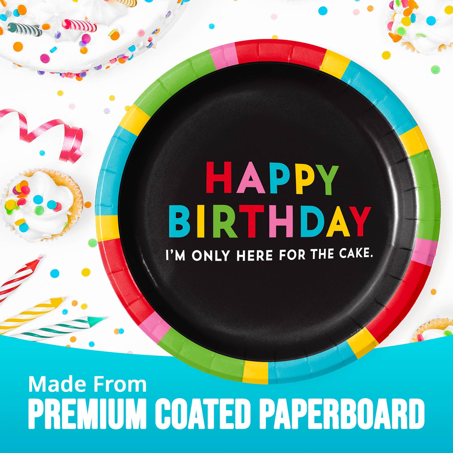 Black paper plate with colorful 'Happy Birthday' text on a white background with party decorations and "Made from premium coated paperboard" text