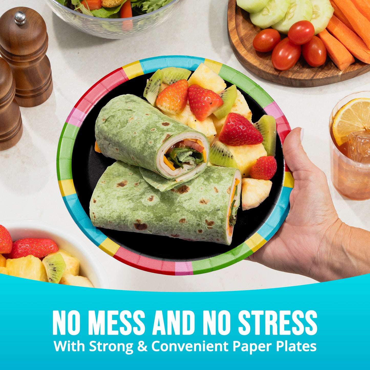 Colorful paper plate with a wrap and fruit salad, held by a hand, with text 'No Mess and No Stress'.