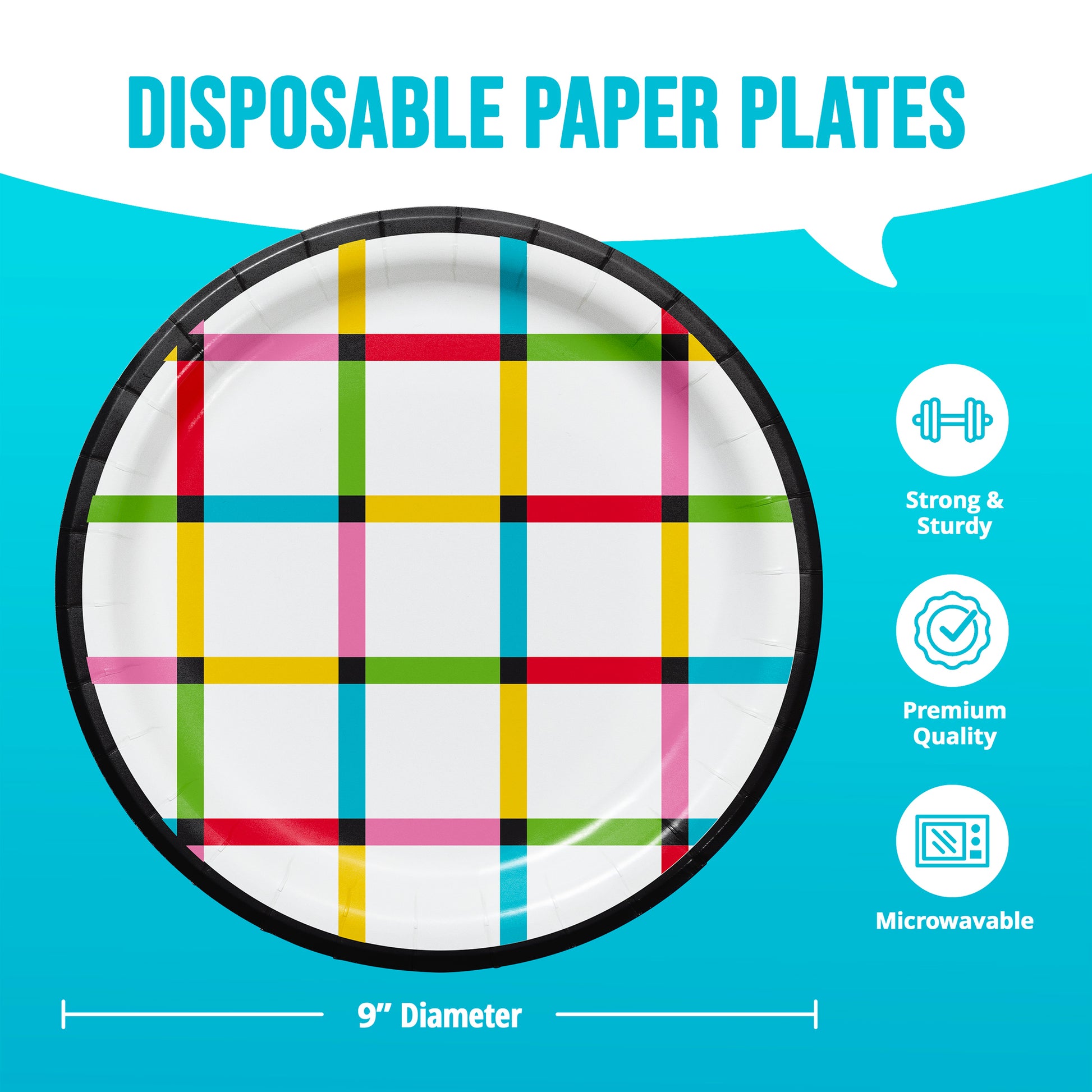 Disposable paper plate with colorful plaid design on a blue background, featuring icons and text about product features.