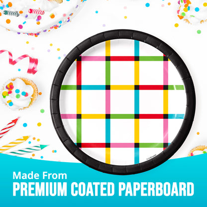 Colorful paper plate with a checkered pattern on a celebratory background