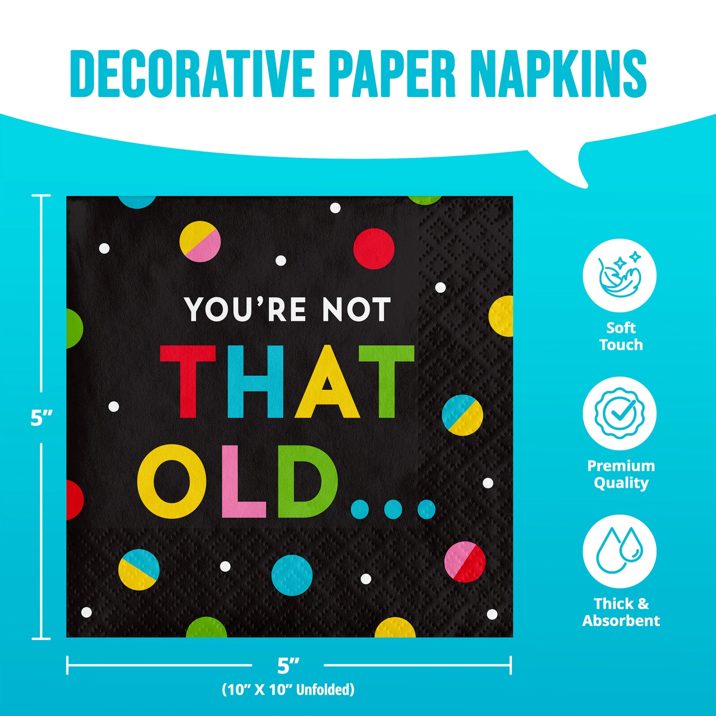 Decorative paper napkins with colorful text and polka dots on a blue background with dimensions and infographic information.