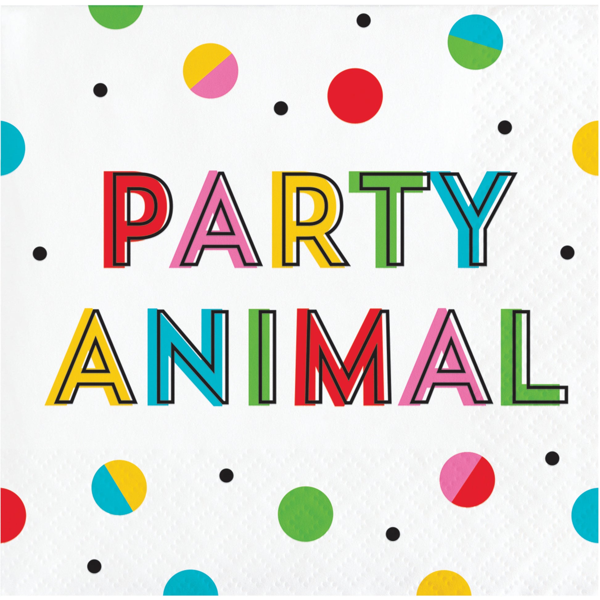 Napkin featuring colorful 'PARTY ANIMAL' text on a polka dot background
