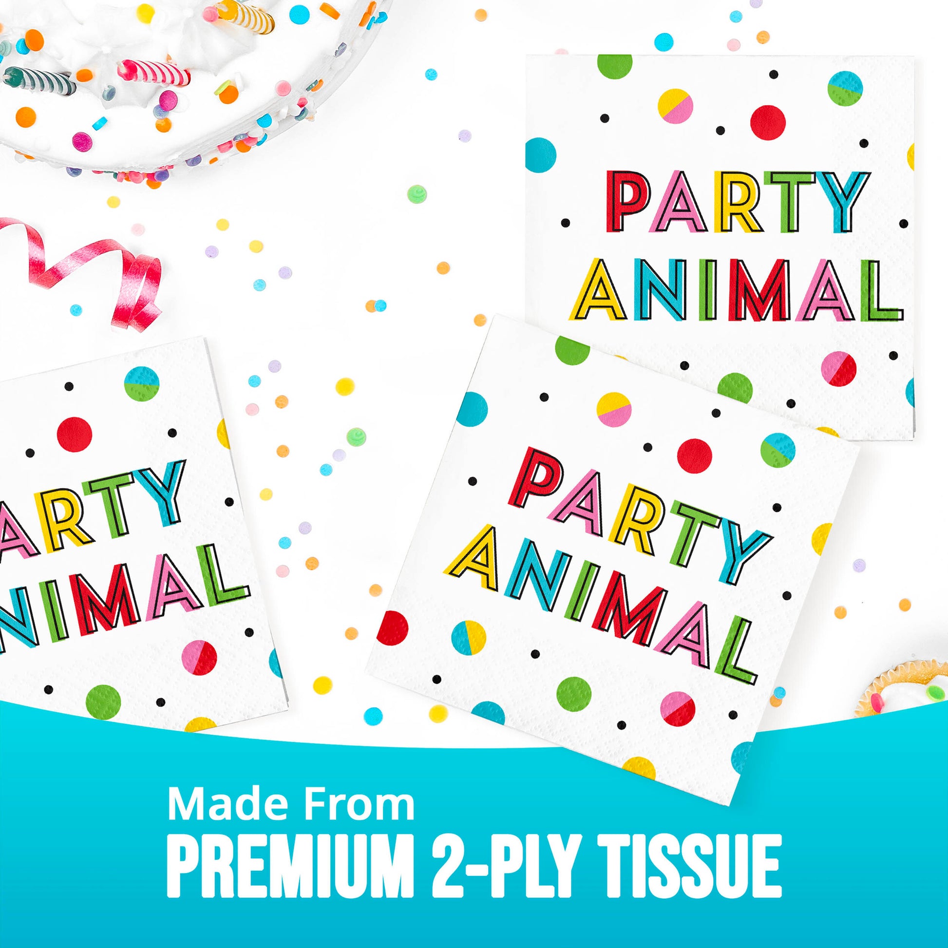 Colorful 'Party Animal' tissue paper with confetti and ribbons on a white background.