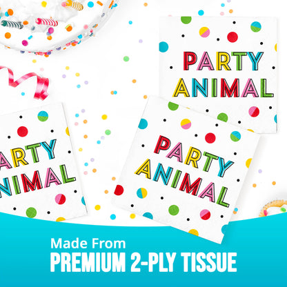 Colorful 'Party Animal' tissue paper with confetti and ribbons on a white background.