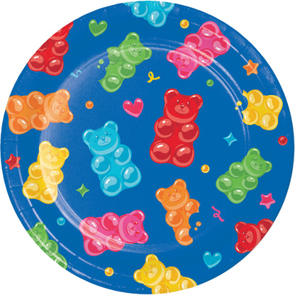 Colorful gummy bear-patterned plate with red, orange, yellow, green, and blue bears on a blue background.