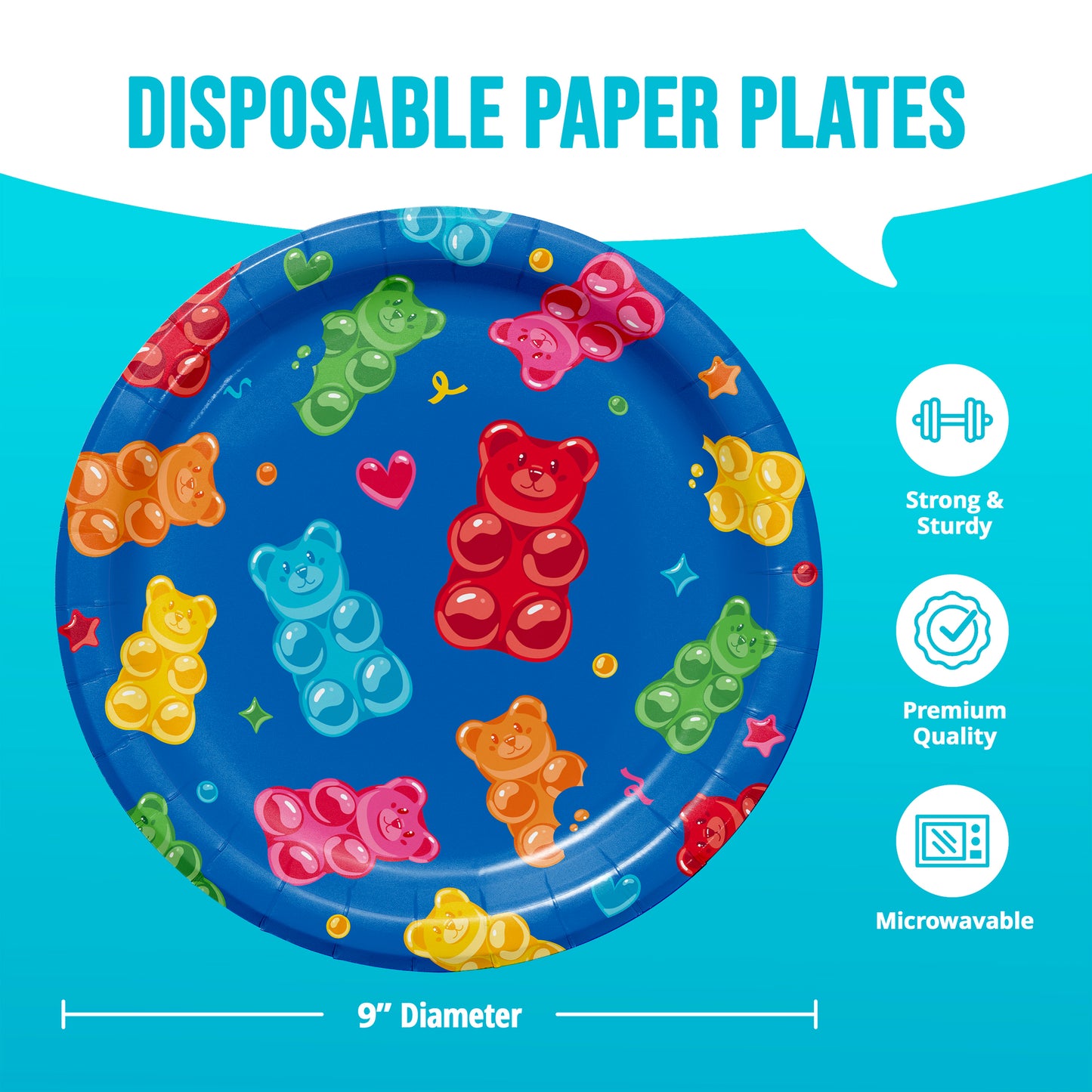 Disposable paper plate with gummy bear design on a blue background with infographic information including dimensions.