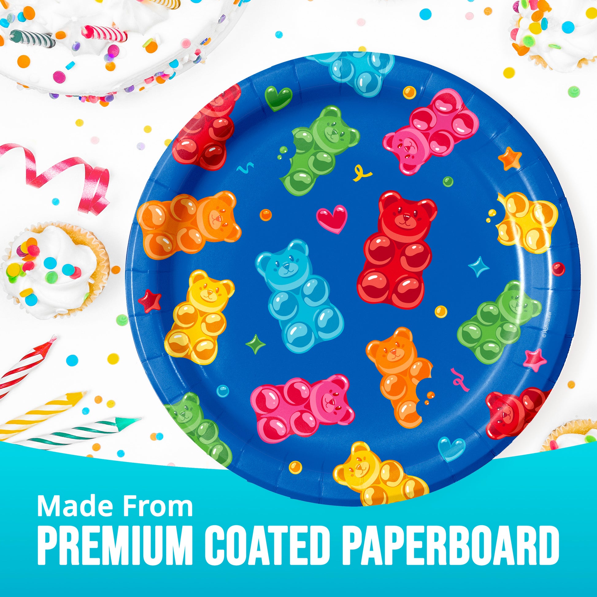Colorful paper plate with gummy bear design on a white background with party decorations and "Made From Premium Coated Paperboard" text