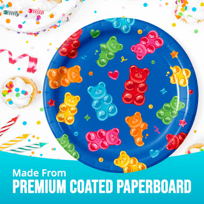 Colorful paper plate with gummy bear design on a white background with party decorations and "Made From Premium Coated Paperboard" text