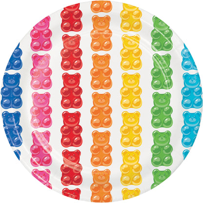 Colorful gummy bear-patterned plate with red, orange, yellow, green, and blue bears on a white background.