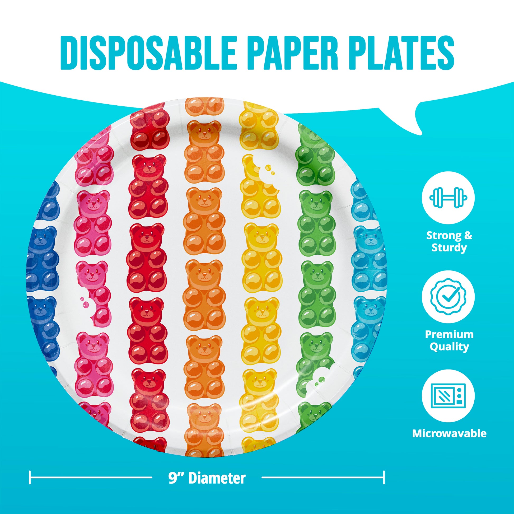 Disposable paper plates with gummy bear design on a blue background, featuring text and icons about product features.