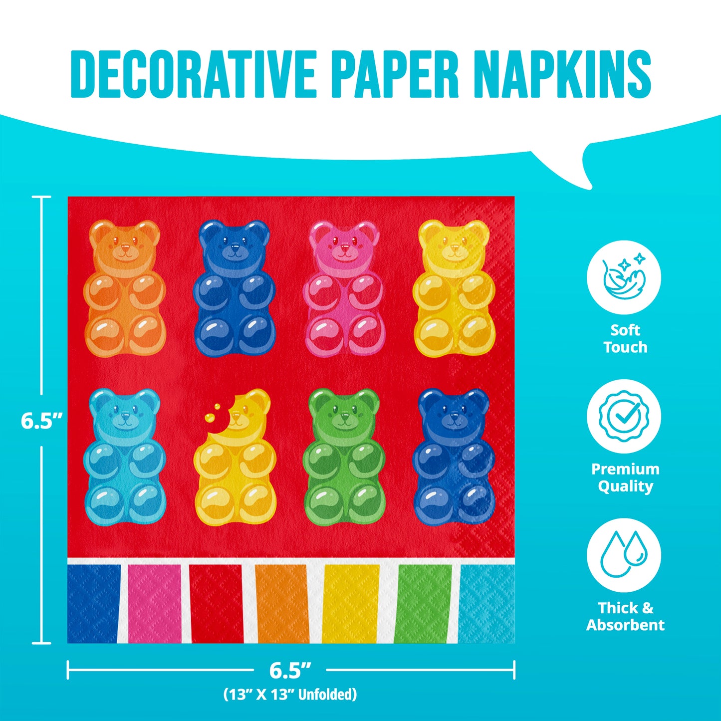 Decorative paper napkins with colorful bear design on a red background, displayed against a blue border with product features and measurements listed.