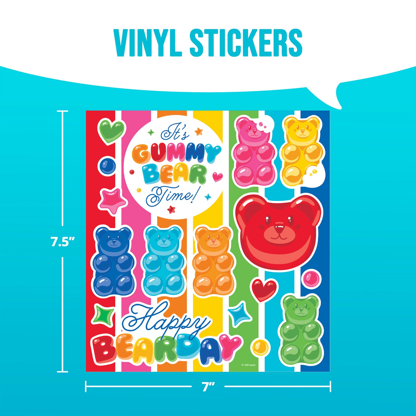 Colorful vinyl stickers with gummy bear design on a blue background with dimensions.