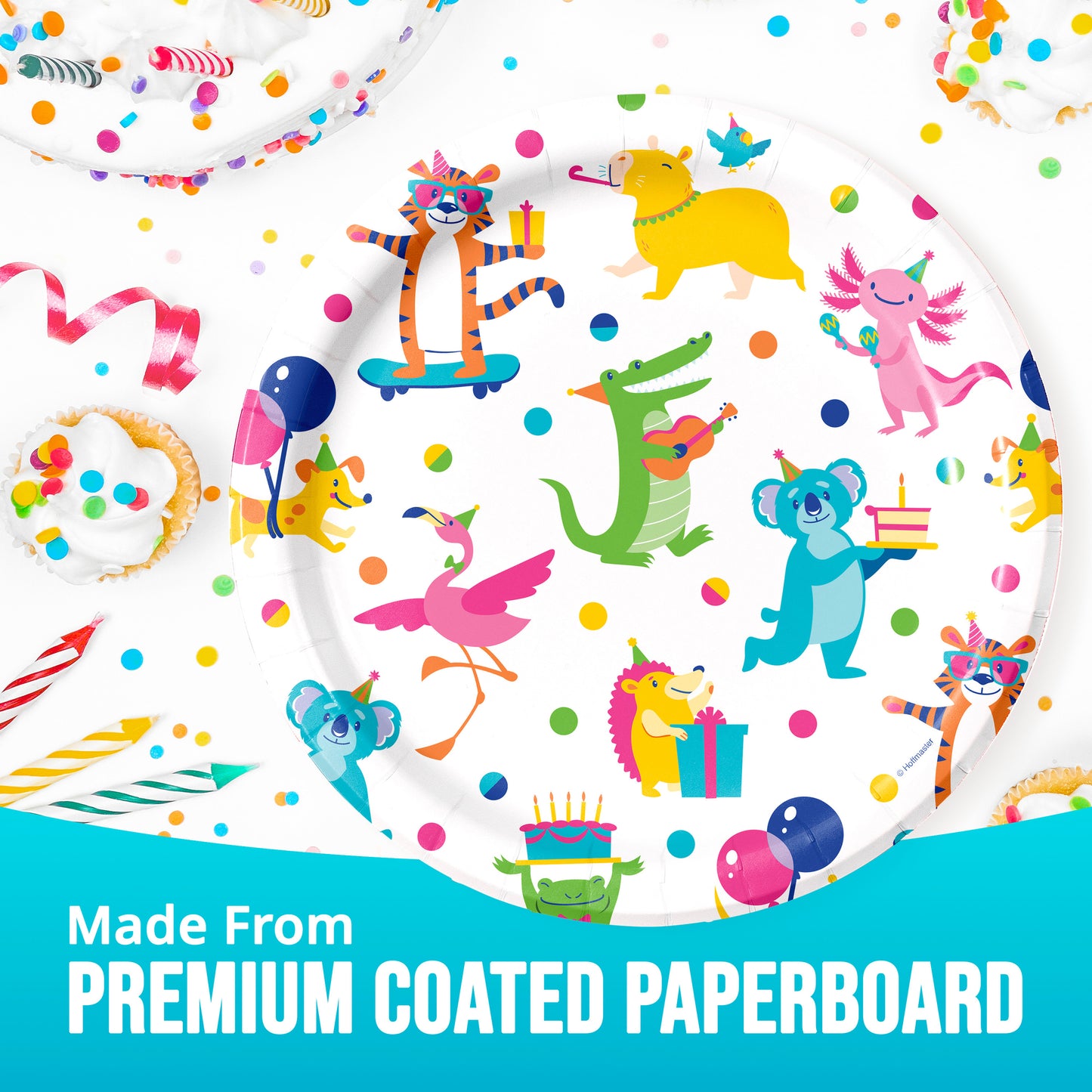 Colorful paper plates with cartoon animal designs and text 'Made From Premium Coated Paperboard'.