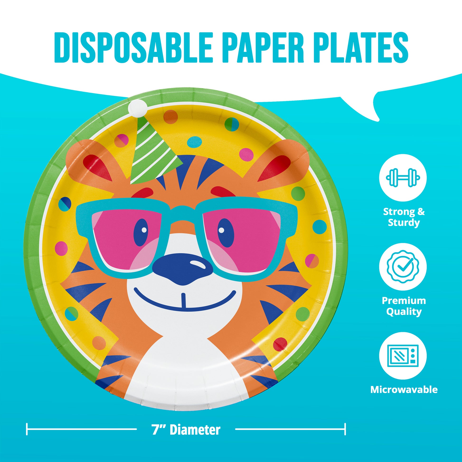 Colorful disposable paper plate with a cartoon tiger design on a blue background with information and dimensions