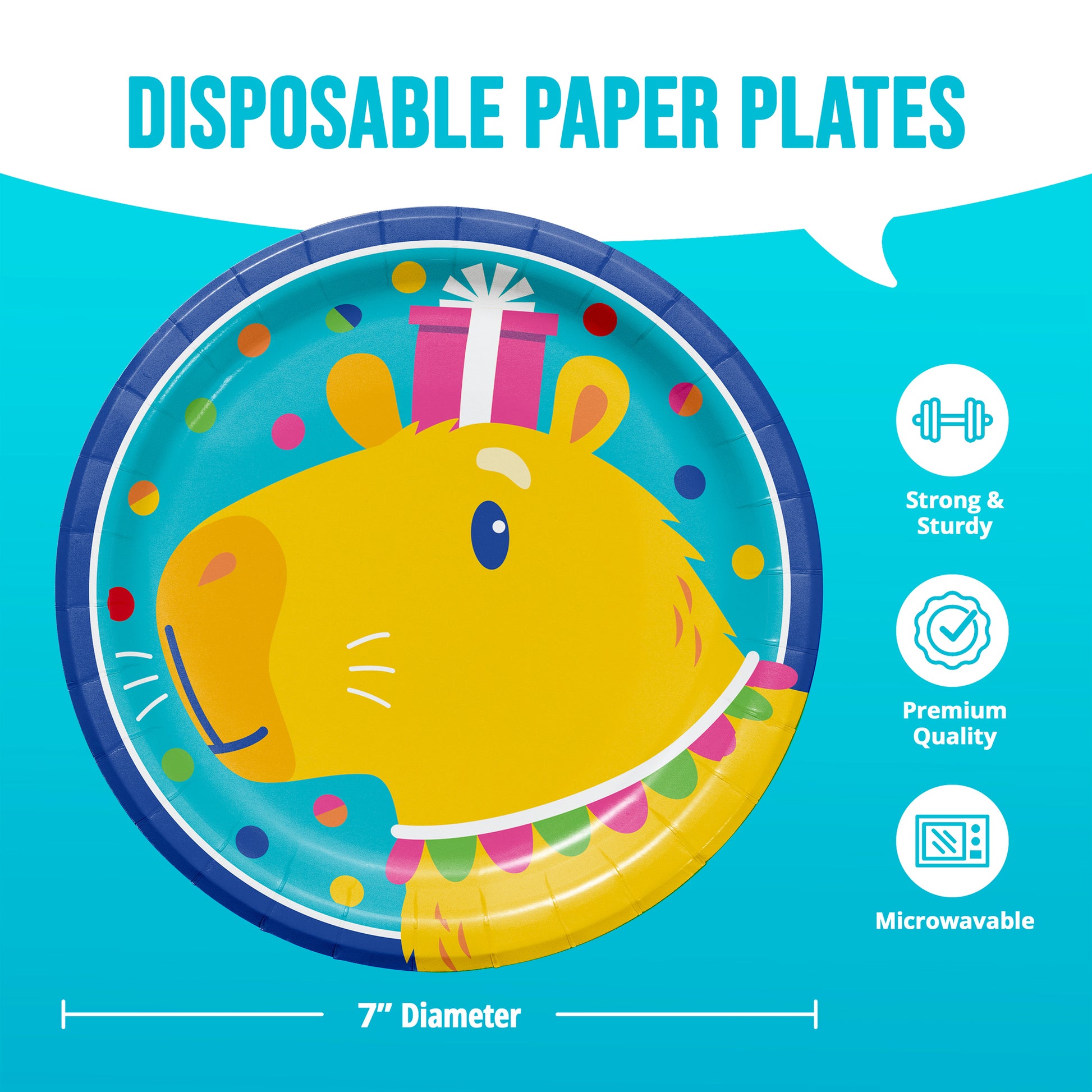 Disposable paper plate with a cartoon capybara design on a blue background, featuring icons for strength, quality, and microwavability.
