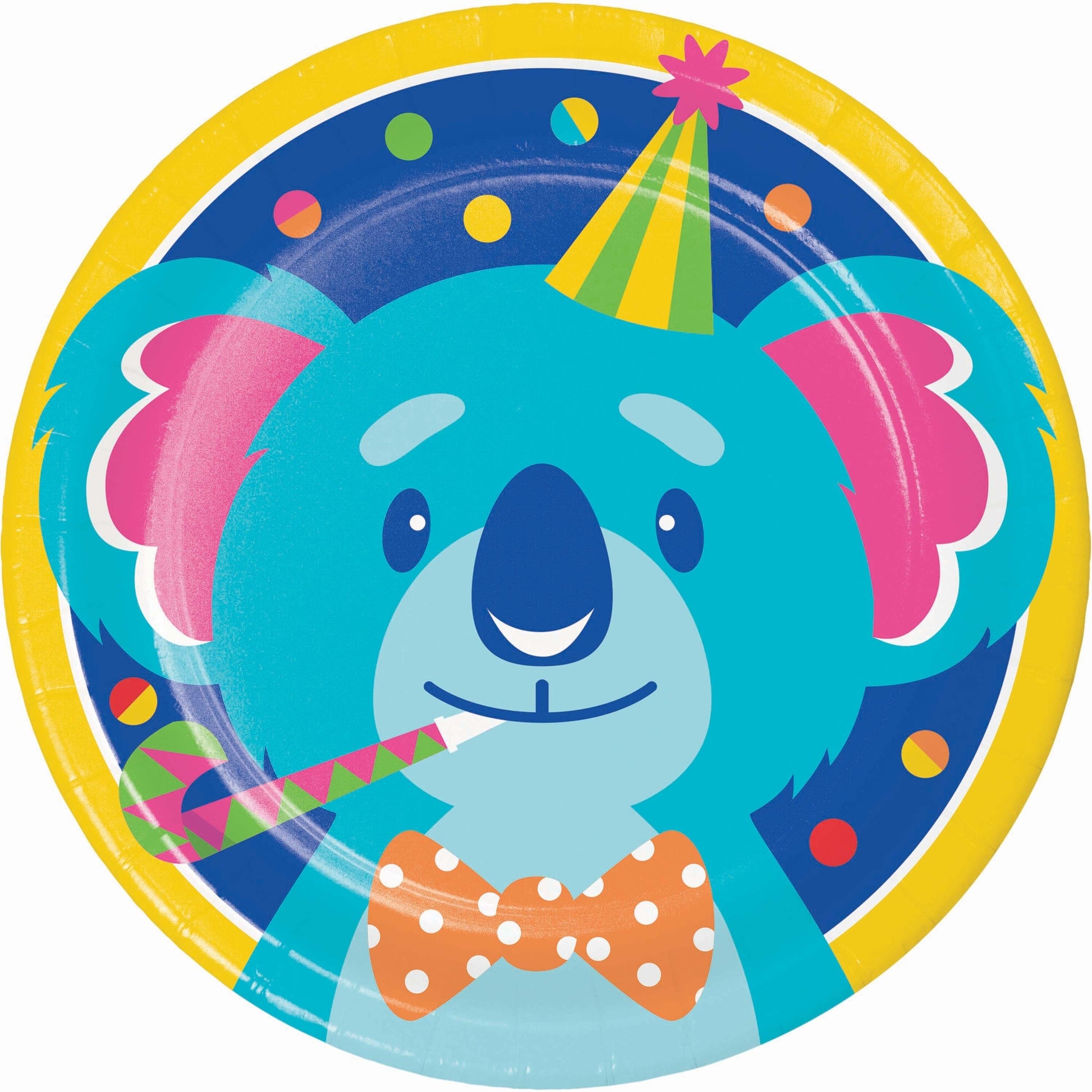 Colorful paper plate with a cartoon koala design on a white background