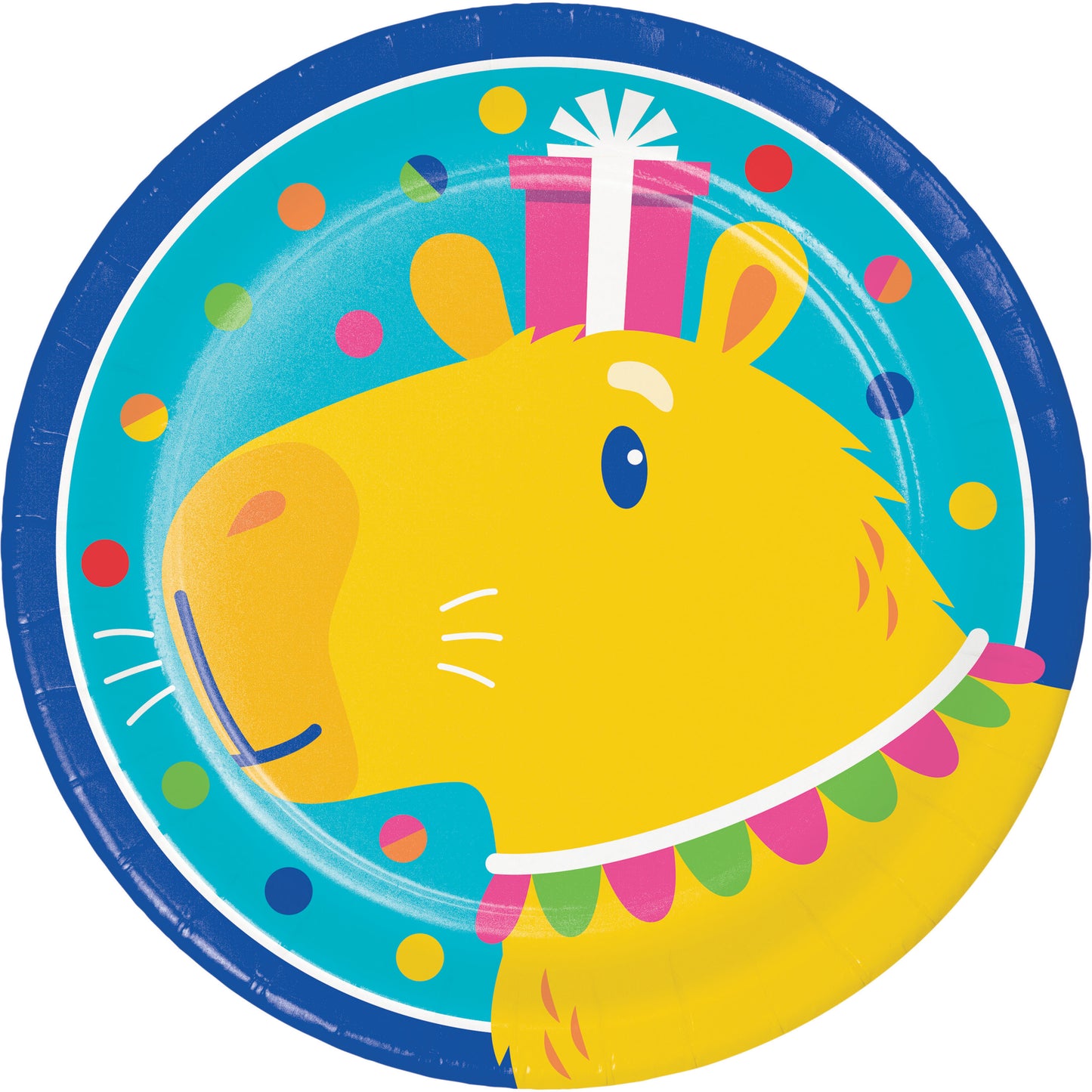 Colorful paper plate with a cartoon capybara wearing a party hat and necklace on a blue background.