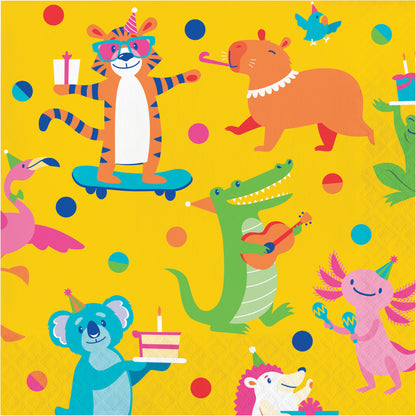 Napkin featuring colorful animals celebrating on a yellow background