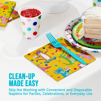 Colorful disposable tableware including cups, plates, and napkins with a fork on a white surface.