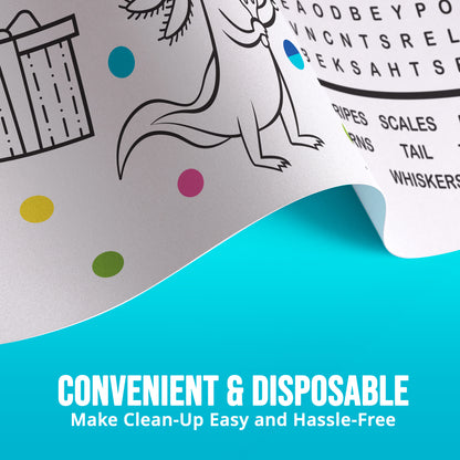 Disposable paper tablecloth with a cartoon character and text on a blue background. Text "Convenient & Disposable Make Clean-Up Easy and Hassle-Free.
