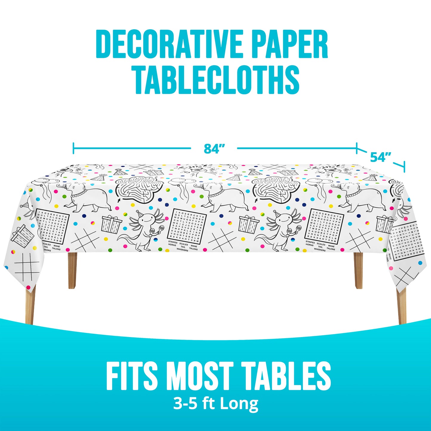 Decorative paper tablecloth with animals, word searches, and tic-tac-toe, shown on a table with dimensions displayed.