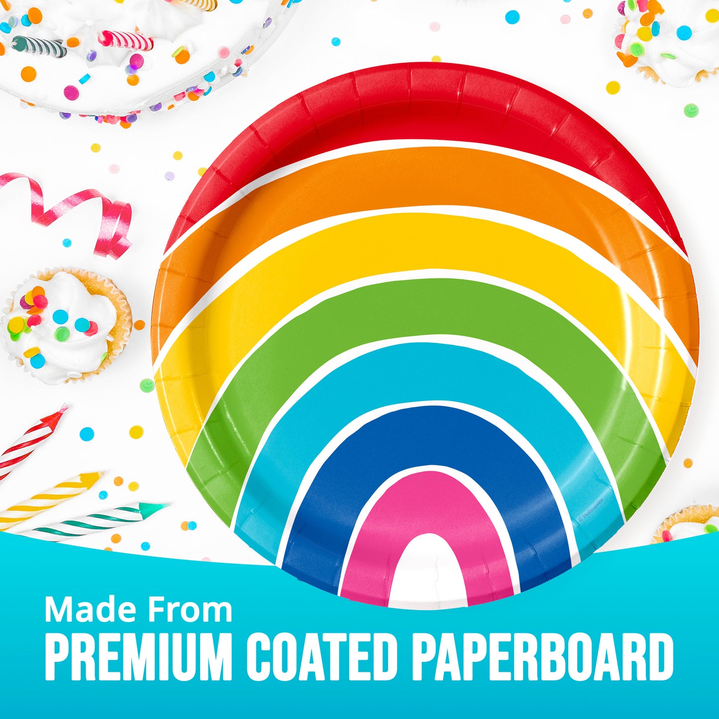 Colorful paper plates arranged in a rainbow pattern with birthday-themed decorations and "Made From Premium Coated Paperboard" text.