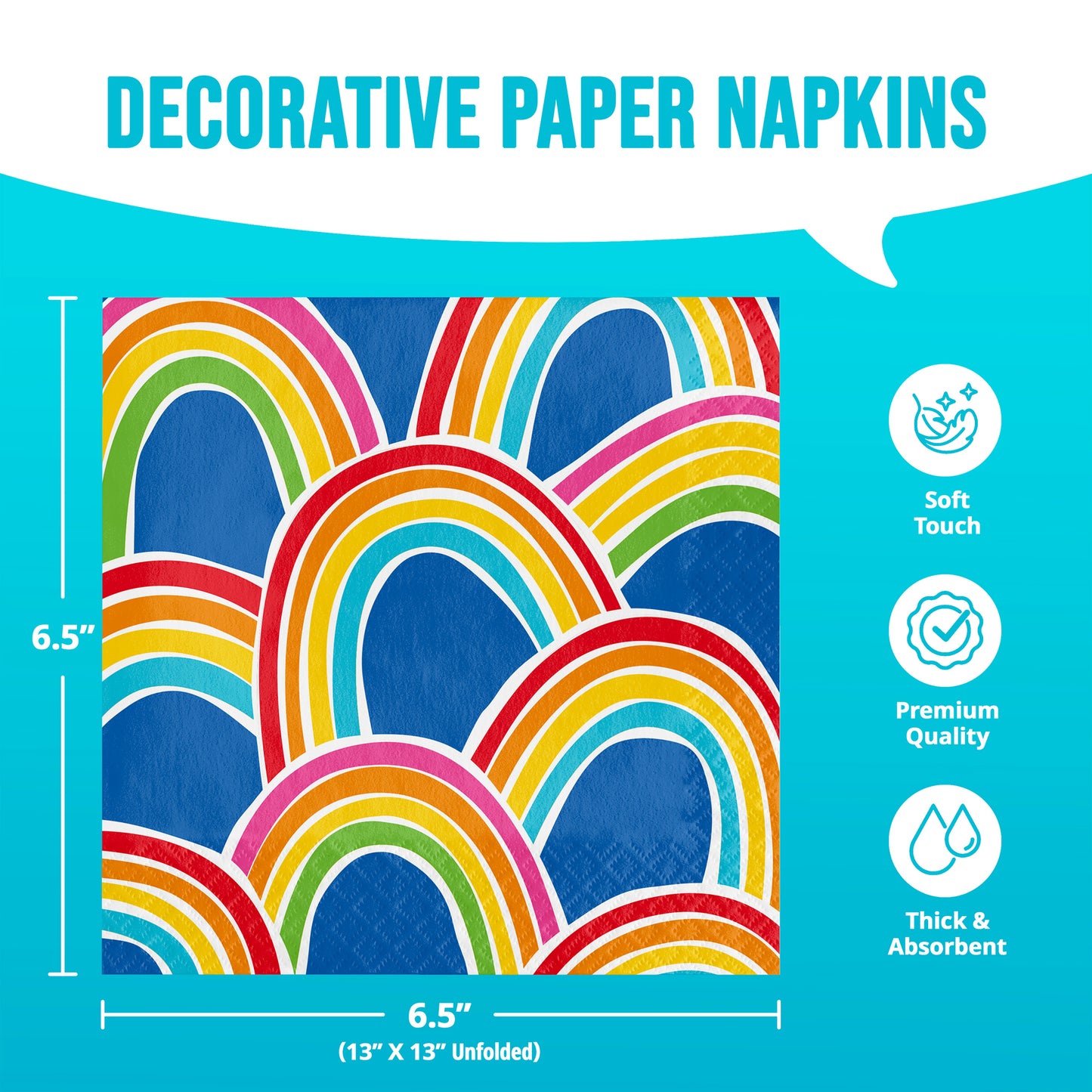 Decorative paper napkins with rainbow design on a blue background, featuring product details and icons.
