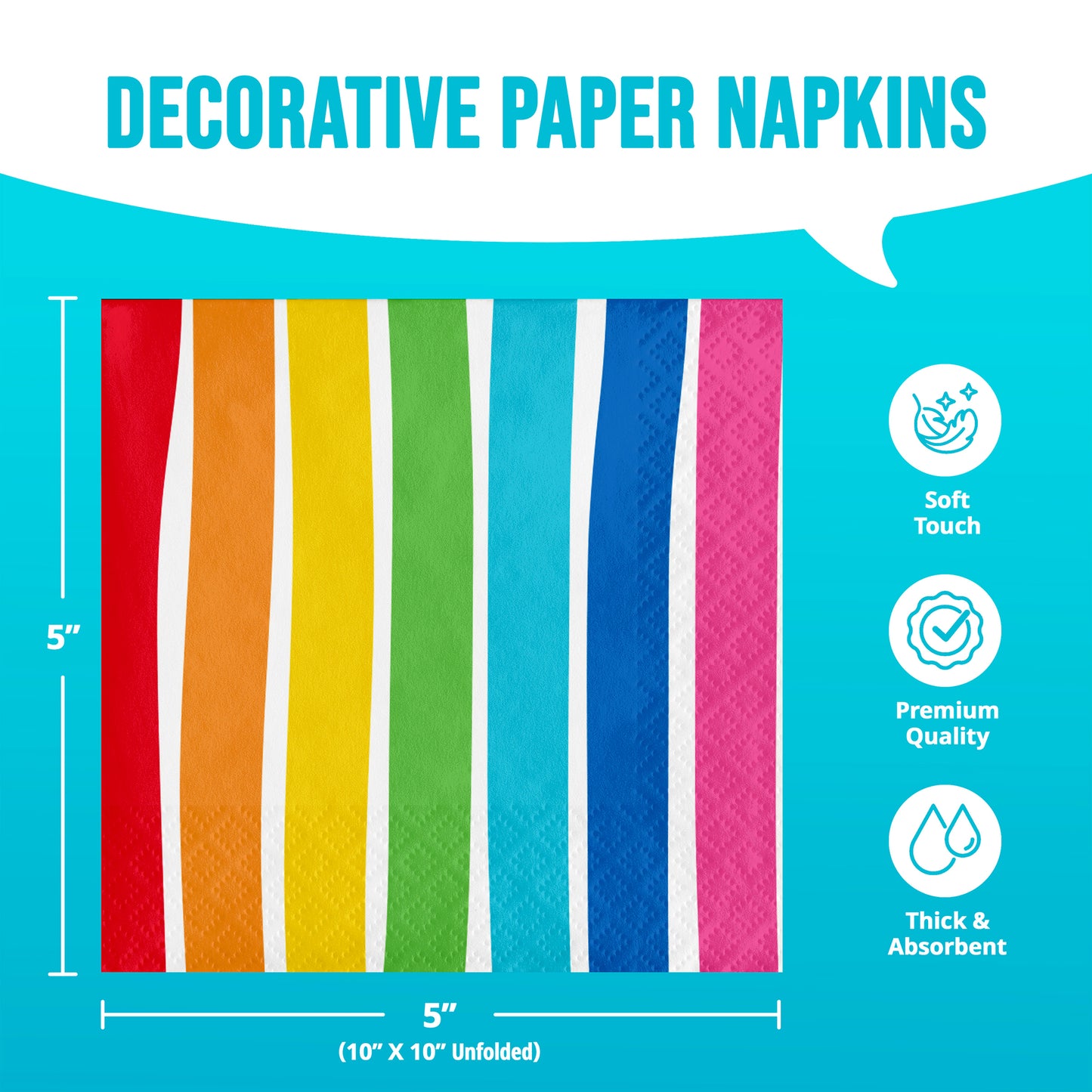 Decorative paper napkins with colorful stripes on a blue background, featuring text and icons about product features.