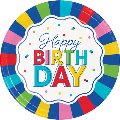 Colorful paper plate with 'Happy Birthday' text on a white background