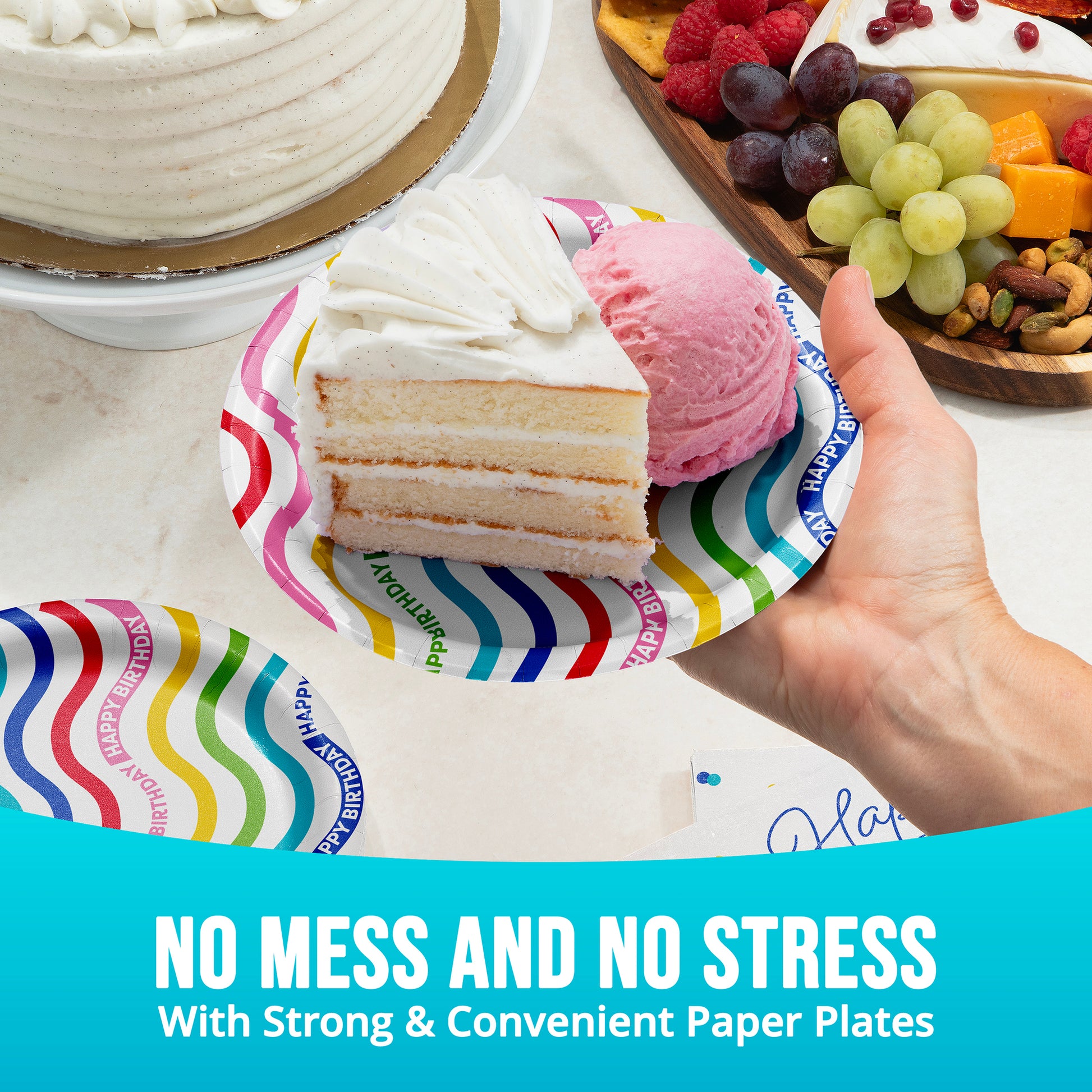 Hand holding a slice of cake on a colorful paper plate with text 'No Mess and No Stress with Strong & Convenient Paper Plates'.