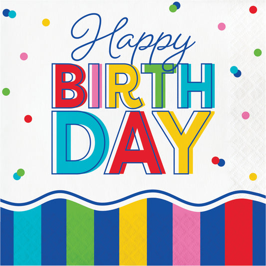 Napkin featuring colorful 'Happy Birthday' text with confetti and striped border on a white background