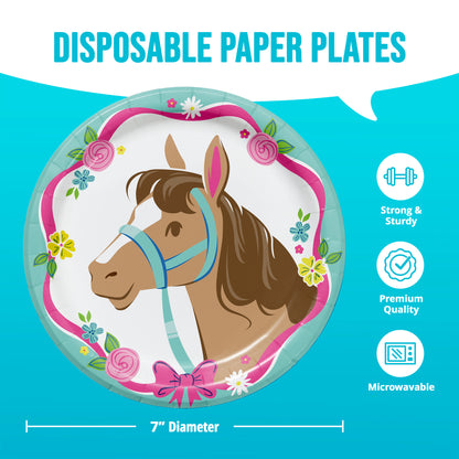 Disposable paper plate with horse design and infographic with benefits and product dimensions