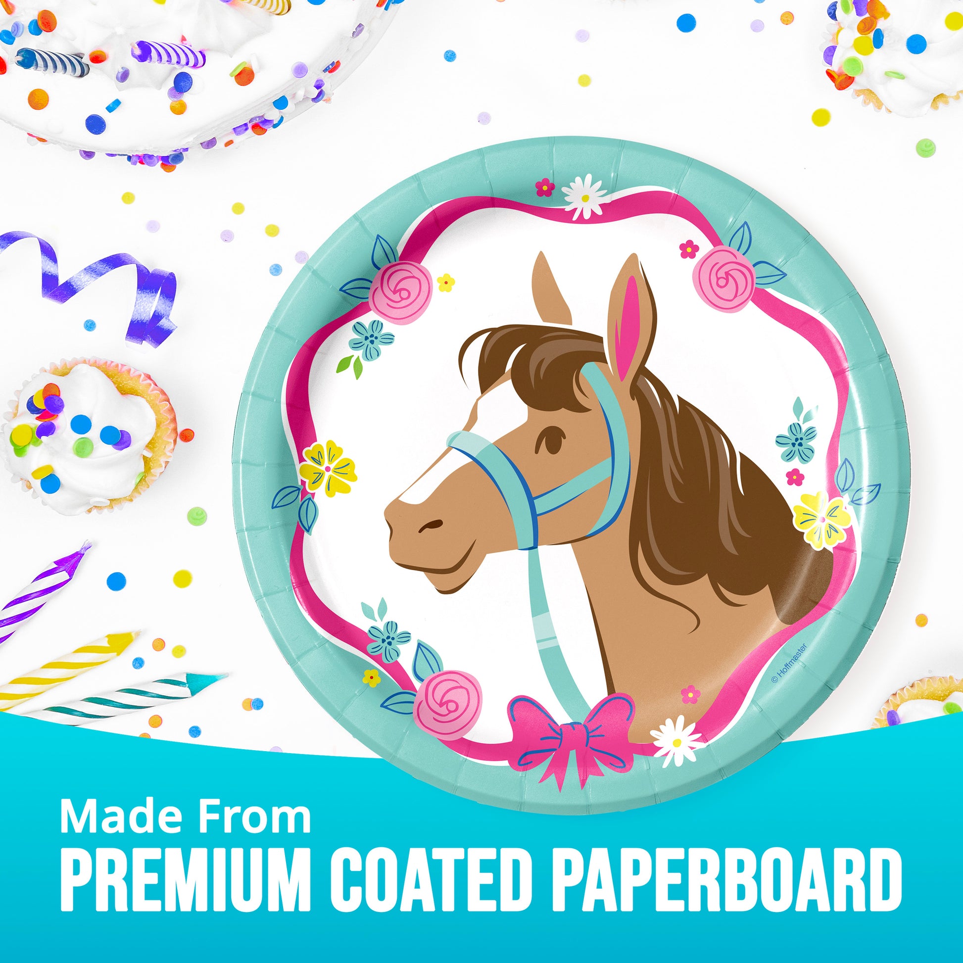 Paper plate with horse design and confetti on a white background. Text featuring "Made From Premium Coated Paperboard".