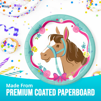 Paper plate with horse design and confetti on a white background. Text featuring "Made From Premium Coated Paperboard".